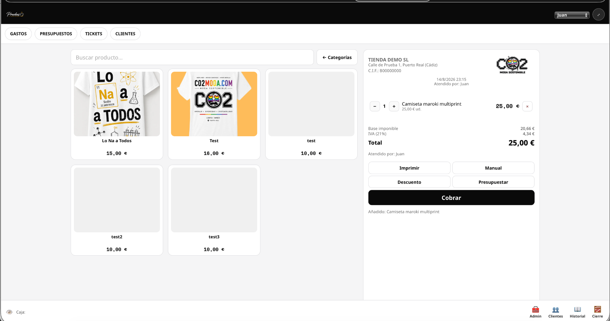 Pantalla de caja de PATPV con ticket, IVA y cobro
